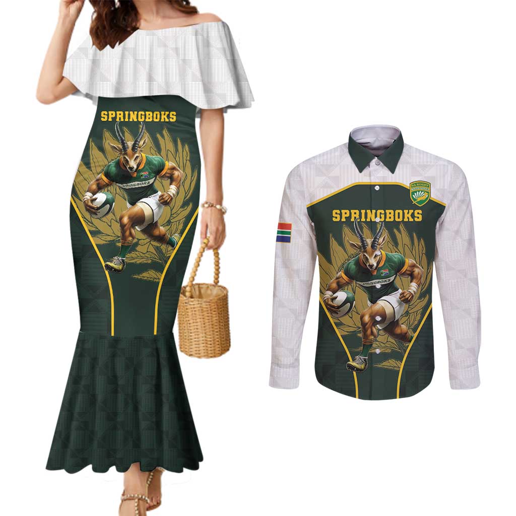 South Africa Rugby Personalised Couples Matching Mermaid Dress and Long Sleeve Button Shirt Springboks Mascot With King Protea -  African Pattern