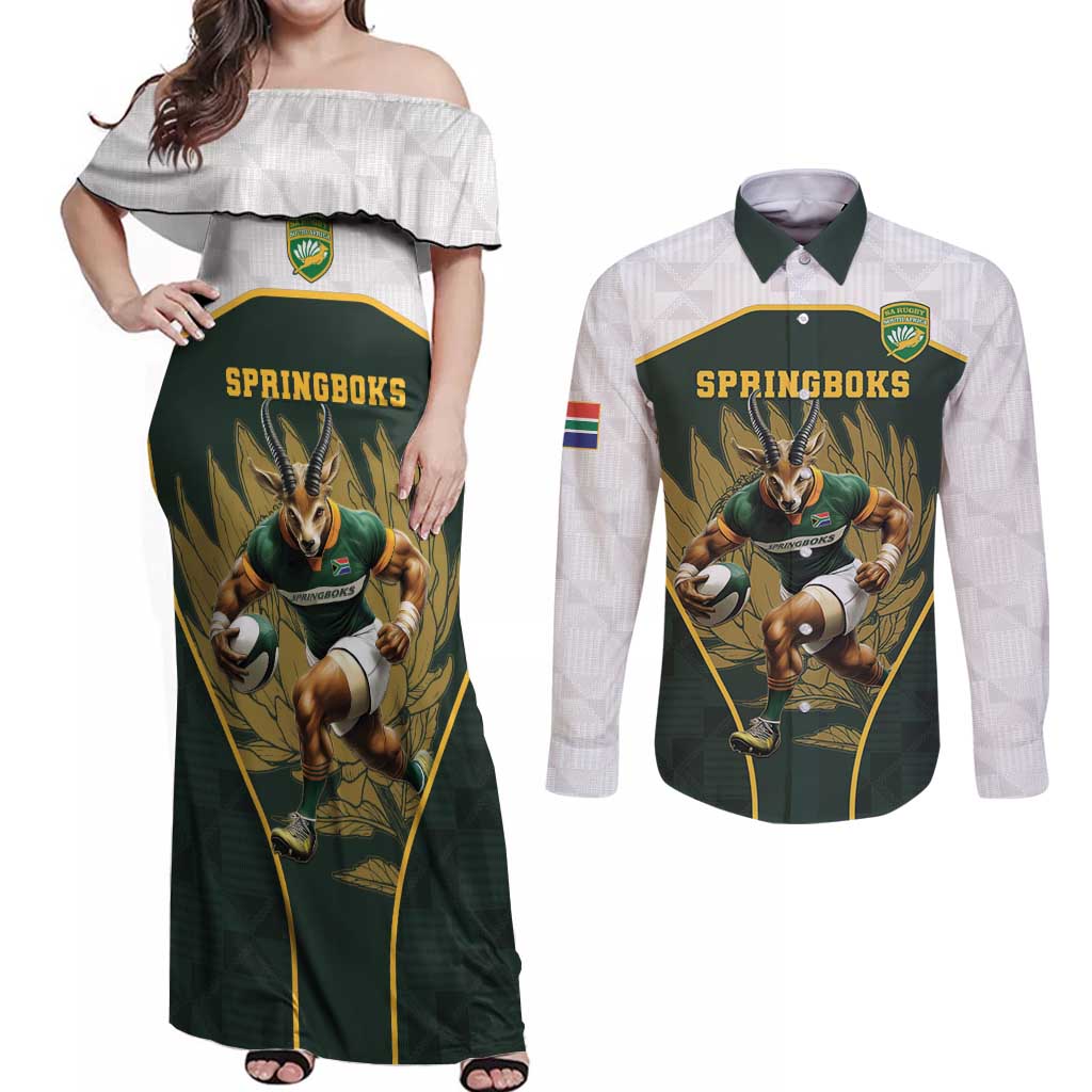 South Africa Rugby Personalised Couples Matching Off Shoulder Maxi Dress and Long Sleeve Button Shirt Springboks Mascot With King Protea -  African Pattern - Wonder Print Shop