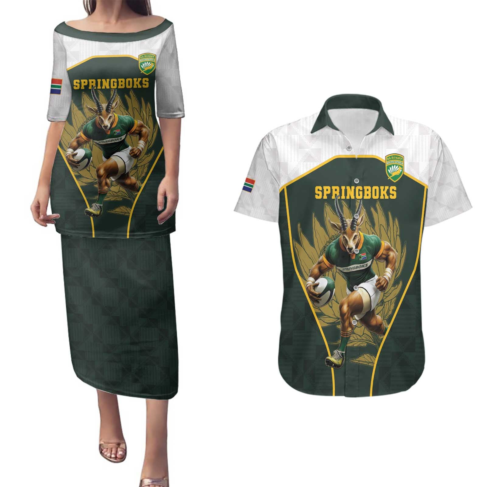 South Africa Rugby Personalised Couples Matching Puletasi and Hawaiian Shirt Springboks Mascot With King Protea -  African Pattern - Wonder Print Shop