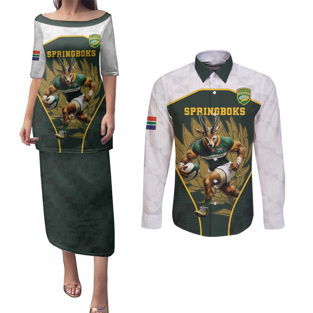 South Africa Rugby Personalised Couples Matching Puletasi and Long Sleeve Button Shirt Springboks Mascot With King Protea -  African Pattern - Wonder Print Shop