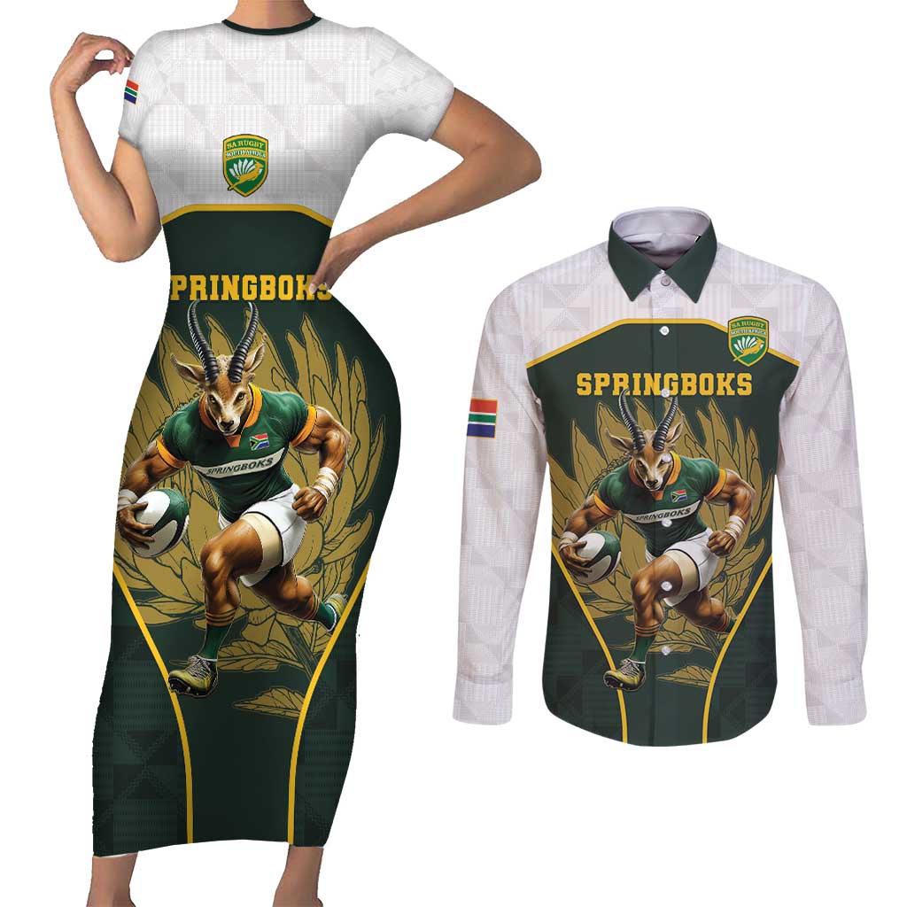 South Africa Rugby Personalised Couples Matching Short Sleeve Bodycon Dress and Long Sleeve Button Shirt Springboks Mascot With King Protea -  African Pattern - Wonder Print Shop