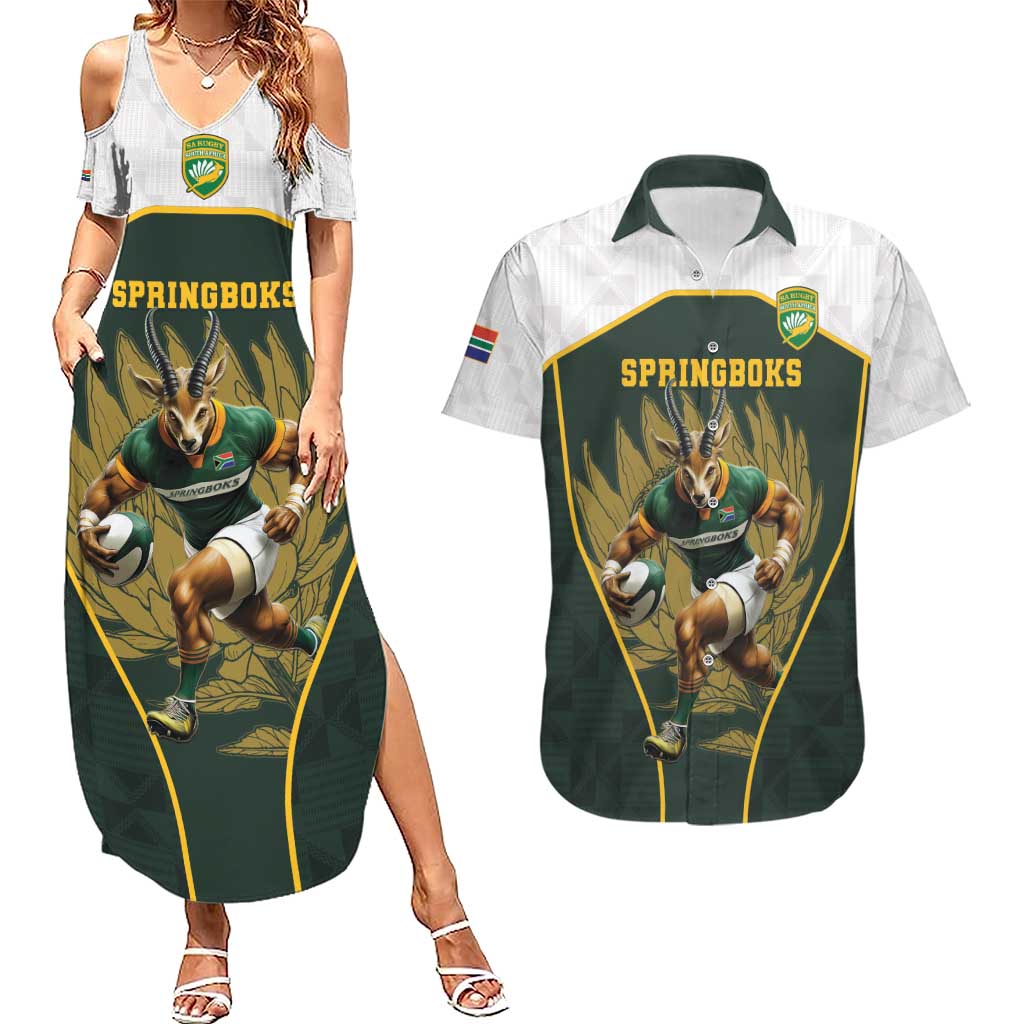 South Africa Rugby Personalised Couples Matching Summer Maxi Dress and Hawaiian Shirt Springboks Mascot With King Protea -  African Pattern - Wonder Print Shop