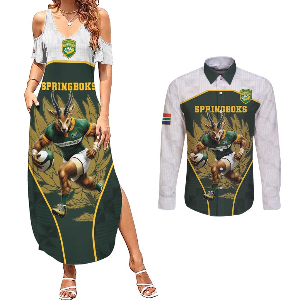 South Africa Rugby Personalised Couples Matching Summer Maxi Dress and Long Sleeve Button Shirt Springboks Mascot With King Protea -  African Pattern - Wonder Print Shop