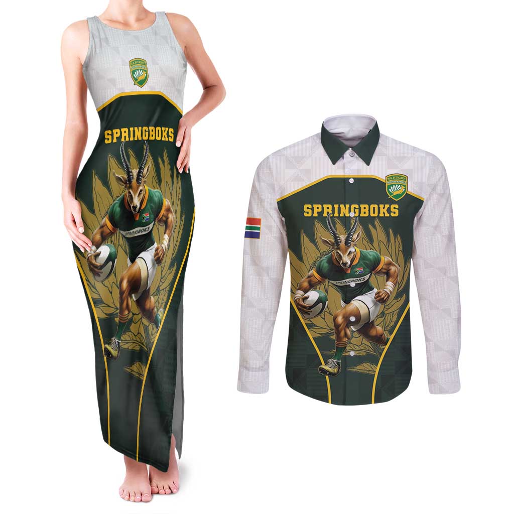 South Africa Rugby Personalised Couples Matching Tank Maxi Dress and Long Sleeve Button Shirt Springboks Mascot With King Protea -  African Pattern - Wonder Print Shop