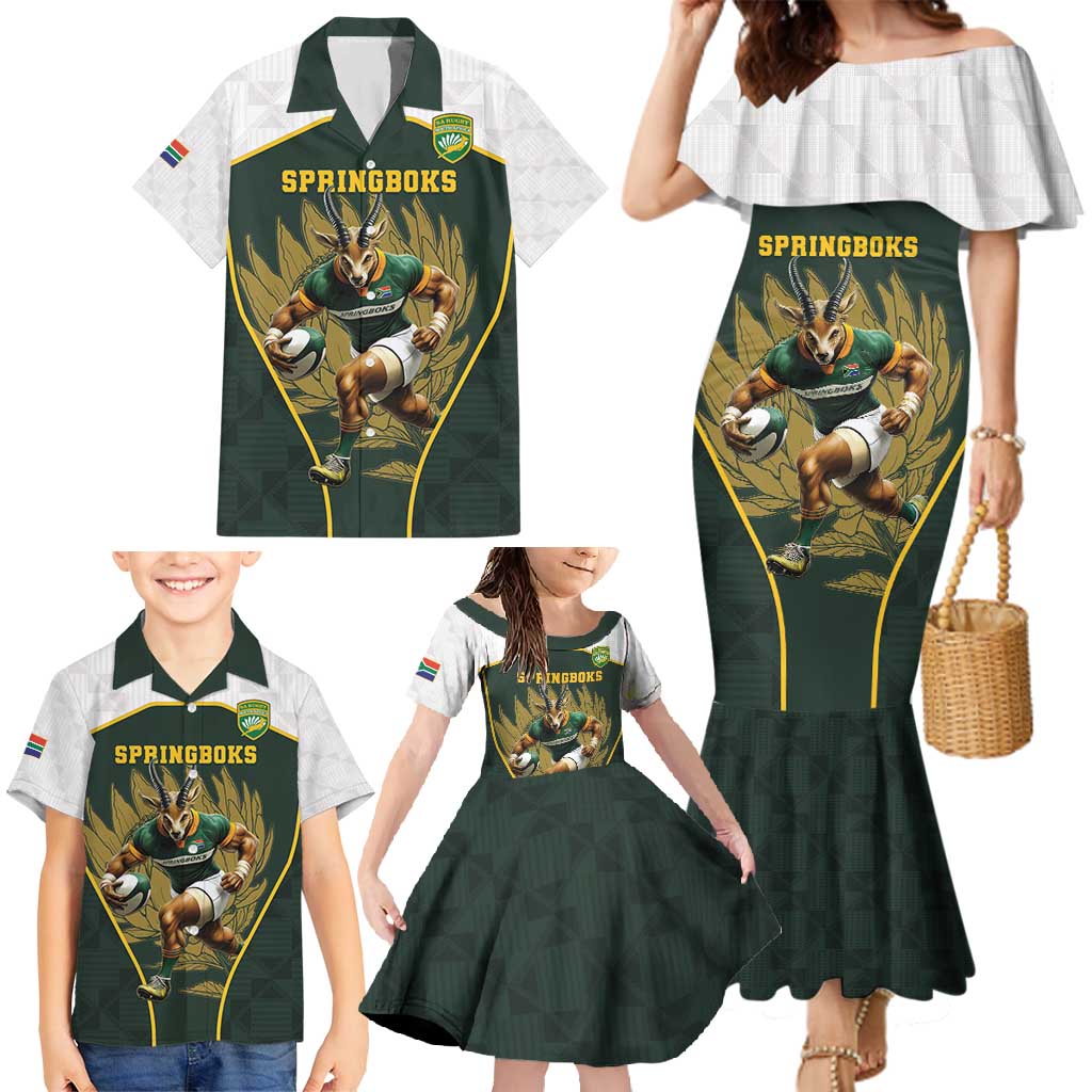 South Africa Rugby Personalised Family Matching Mermaid Dress and Hawaiian Shirt Springboks Mascot With King Protea -  African Pattern - Wonder Print Shop