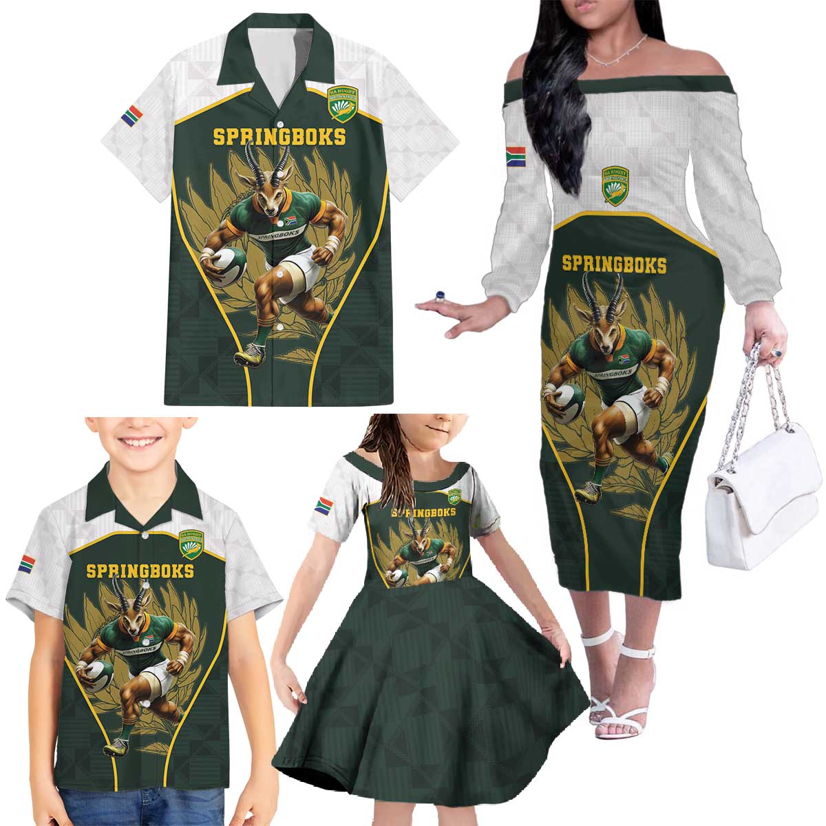 South Africa Rugby Personalised Family Matching Off The Shoulder Long Sleeve Dress and Hawaiian Shirt Springboks Mascot With King Protea -  African Pattern - Wonder Print Shop