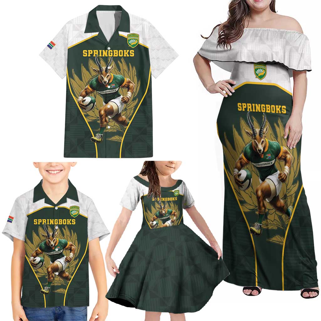 South Africa Rugby Personalised Family Matching Off Shoulder Maxi Dress and Hawaiian Shirt Springboks Mascot With King Protea -  African Pattern - Wonder Print Shop