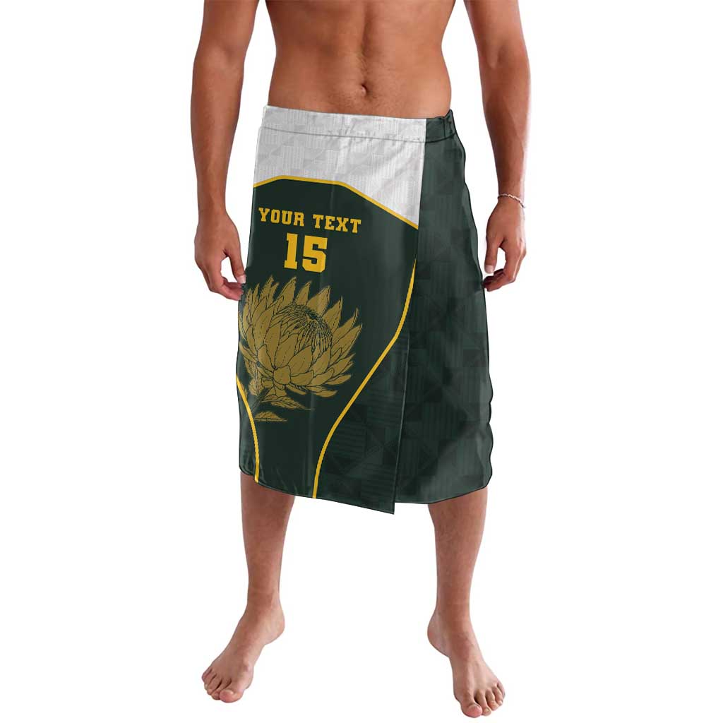 Green personalised lavalava sarong with yellow protea, text and number 15