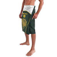 Green personalised lavalava sarong with yellow protea print, your text and 15
