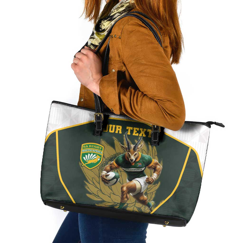 South Africa Rugby Personalised Leather Tote Bag Springboks Mascot With King Protea -  African Pattern - Wonder Print Shop