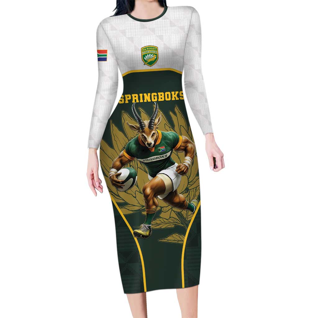 South Africa Rugby Personalised Long Sleeve Bodycon Dress Springboks Mascot With King Protea -  African Pattern - Wonder Print Shop