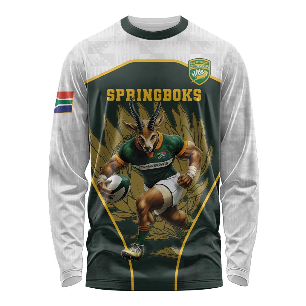 South Africa Rugby Personalised Long Sleeve Shirt Springboks Mascot With King Protea -  African Pattern - Wonder Print Shop