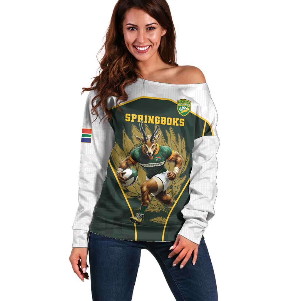 South Africa Rugby Personalised Off Shoulder Sweater Springboks Mascot With King Protea -  African Pattern - Wonder Print Shop