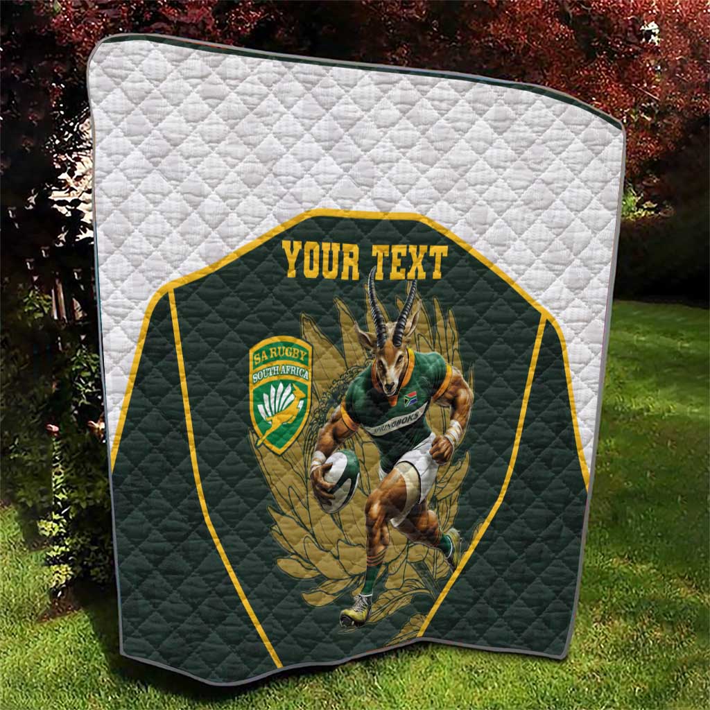 Personalised rugby mascot quilt, dark green and white with quilted texture and “YOUR TEXT” banner