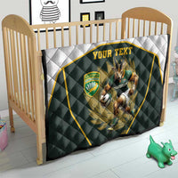 Personalised rugby mascot quilt for cot, dark green and white with “YOUR TEXT” and emblem