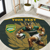 Round green rugby mascot area rug with Springboks logo and personalized banner