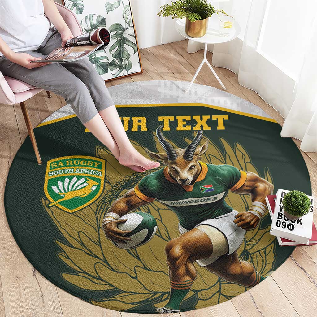 Round green rugby area rug with cartoon Springboks player, shield logo, and “YOUR TEXT”