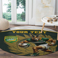 Round green rugby rug with cartoon Springboks player, shield emblem, and “YOUR TEXT”