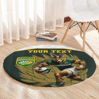 Round green rugby mascot rug with Springboks shield logo and “YOUR TEXT”