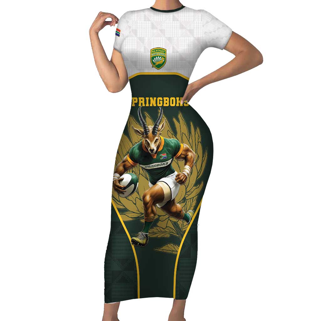 South Africa Rugby Personalised Short Sleeve Bodycon Dress Springboks Mascot With King Protea -  African Pattern