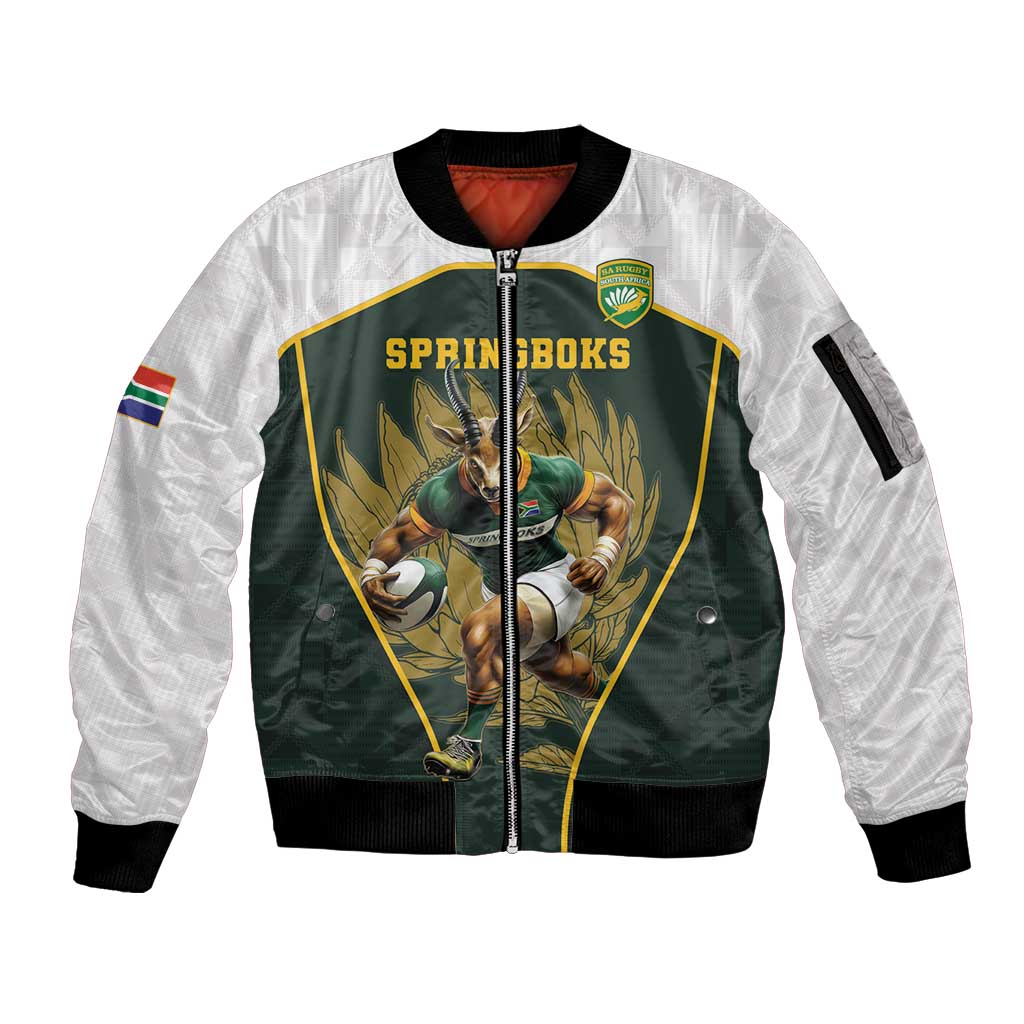 South Africa Rugby Personalised Sleeve Zip Bomber Jacket Springboks Mascot With King Protea -  African Pattern