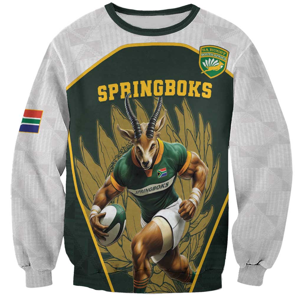Green and gray rugby sweatshirt with Springboks mascot print and King Protea graphic