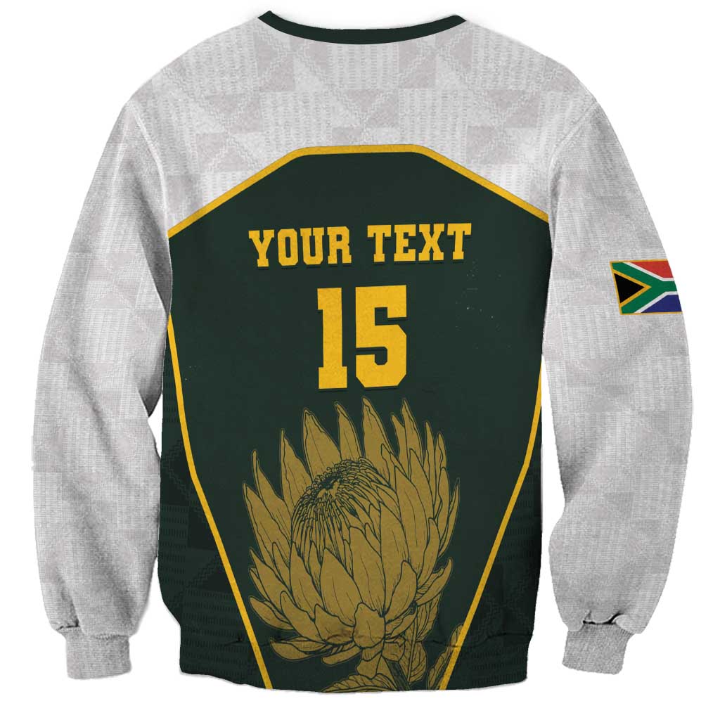 Green and gray rugby sweatshirt back with YOUR TEXT 15 and King Protea print