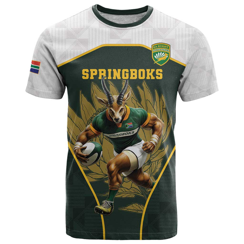 South Africa Rugby Personalised T Shirt Springboks Mascot With King Protea -  African Pattern