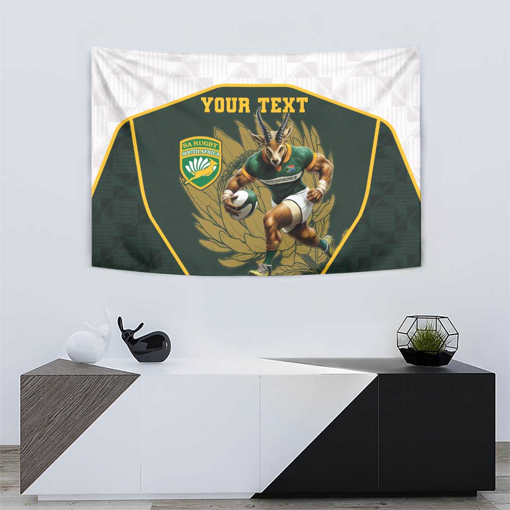 Personalized rugby mascot tapestry, green shield graphic with “Your Text” header