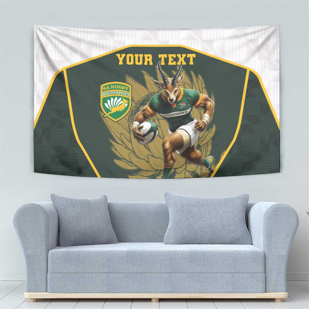 Personalized rugby mascot tapestry, green shield with king protea detail and “Your Text”