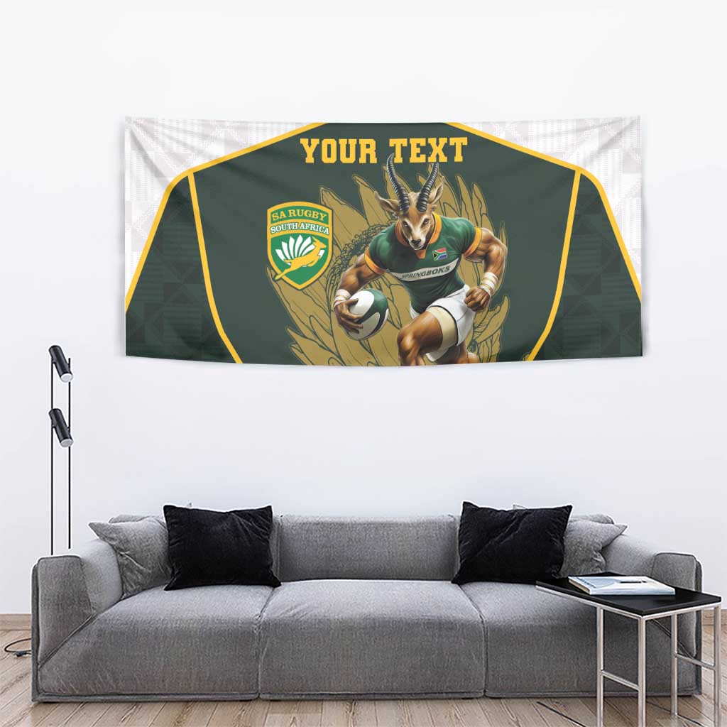 Personalized rugby mascot tapestry, green shield artwork with “Your Text” text area