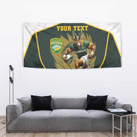 Personalized rugby mascot tapestry, green shield artwork with “Your Text” text area