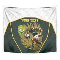 Personalized rugby mascot tapestry, close-up green shield with “Your Text” banner