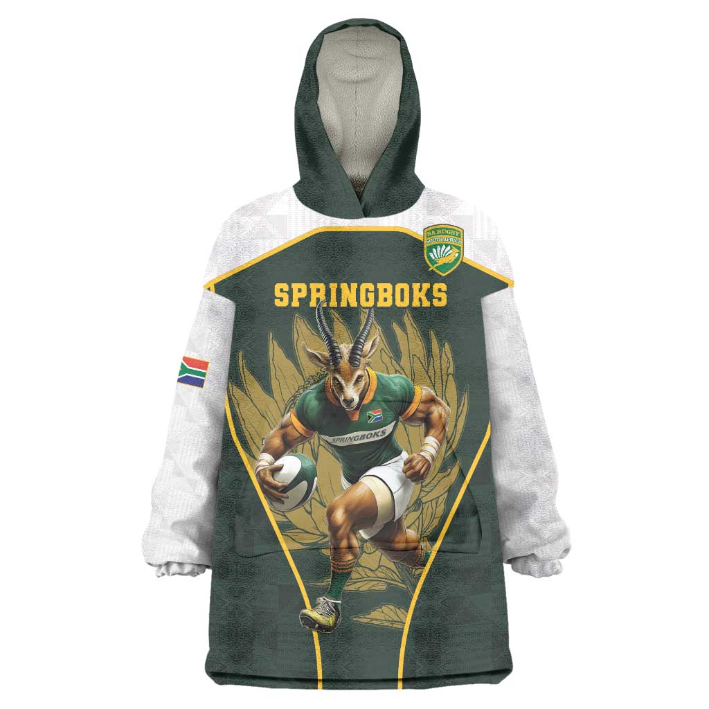 South Africa Rugby Personalised Wearable Blanket Hoodie Springboks Mascot With King Protea -  African Pattern