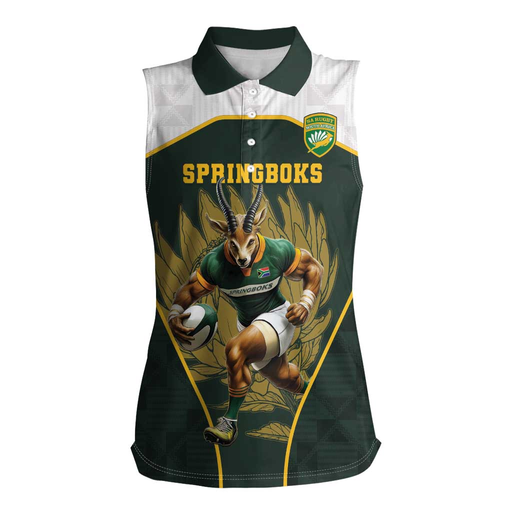 South Africa Rugby Personalised Women Sleeveless Polo Shirt Springboks Mascot With King Protea -  African Pattern