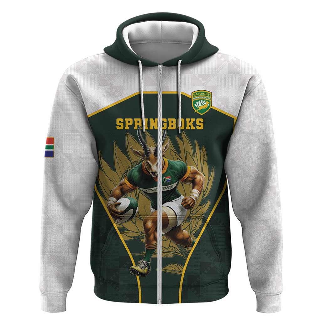 South Africa Rugby Personalised Zip Hoodie Springboks Mascot With King Protea -  African Pattern