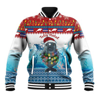 Baseball jacket with ribbed black-and-white collar, Feliz Natal holiday print, glowing elephant