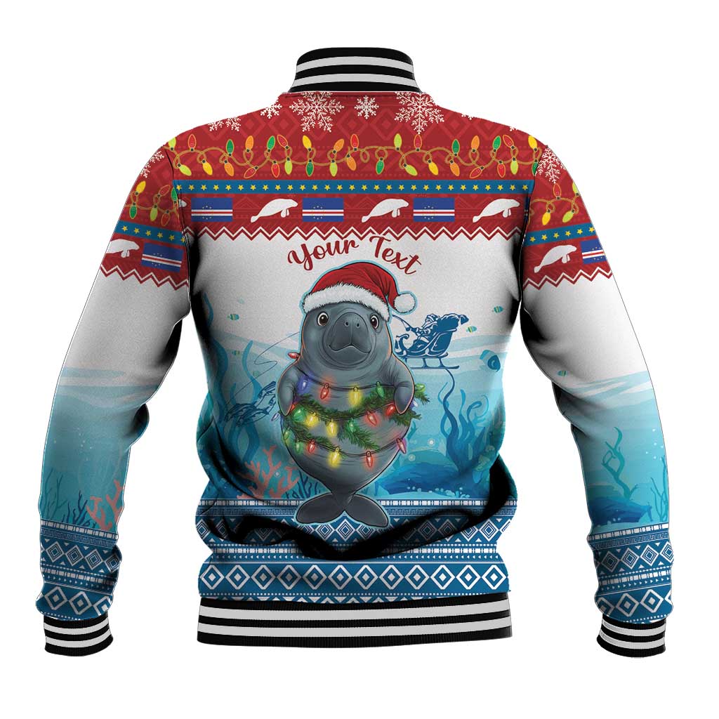 Baseball jacket back with Your Text area, holiday print of glowing elephant, striped ribbing
