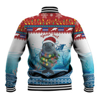 Baseball jacket back with Your Text area, holiday print of glowing elephant, striped ribbing