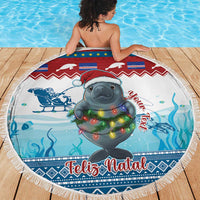Round beach blanket, manatee in Santa hat with glowing lights, blue sea design and Feliz Natal