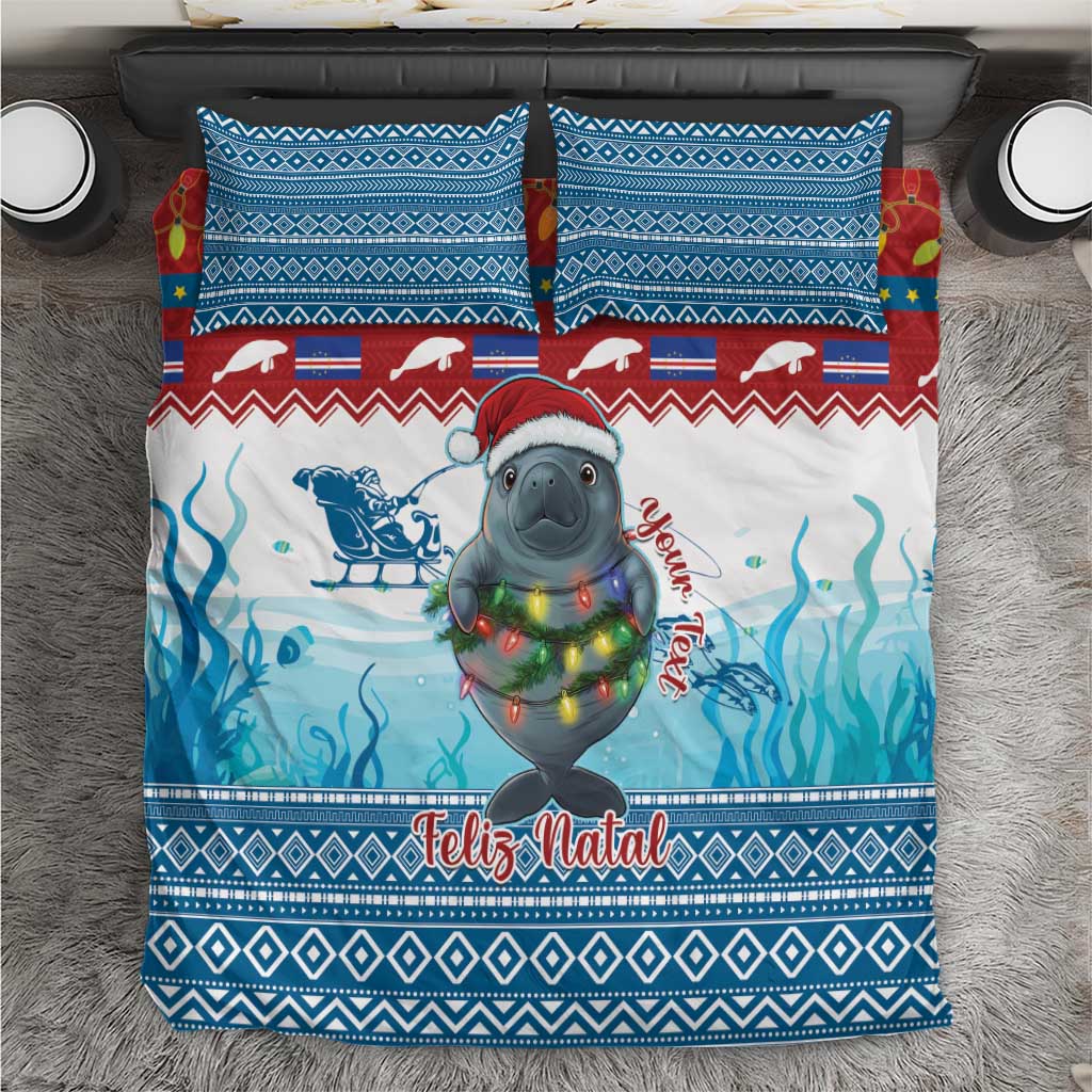Blue Christmas bedding set with smiling manatee, sea design, and 'Feliz Natal' text