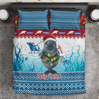 Blue Christmas bedding set with smiling manatee, sea design, and 'Feliz Natal' text