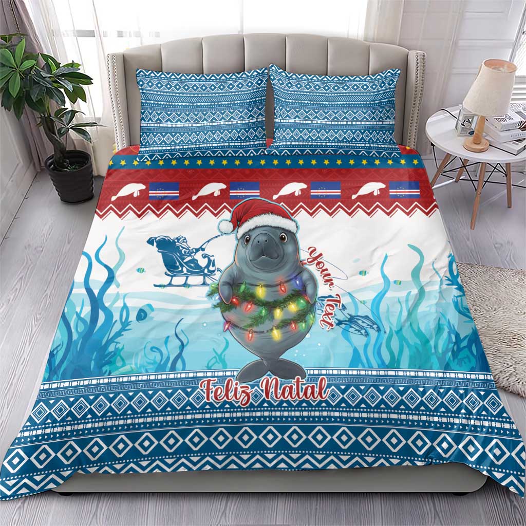 Blue Christmas bedding set with manatee and ocean waves, matching pillow design