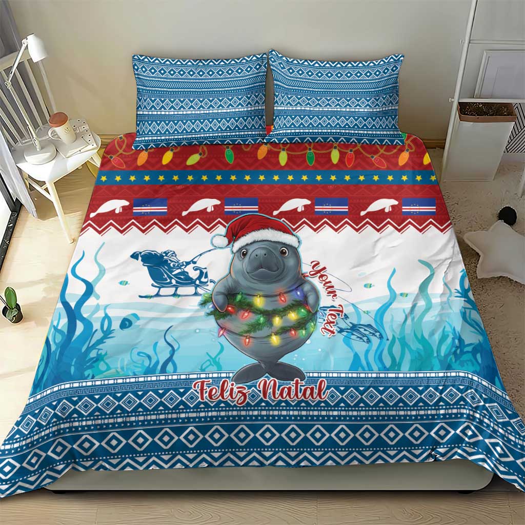 Blue Christmas bedding set with manatee graphic, ocean waves, and 'Feliz Natal' band