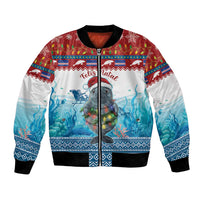 Bomber jacket with colorful sea-life holiday print, blue/white/red, ribbed cuffs and zip front