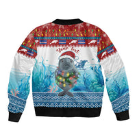 Bomber jacket with large seal graphic and holiday print, blue/white/red, ribbed collar and cuffs