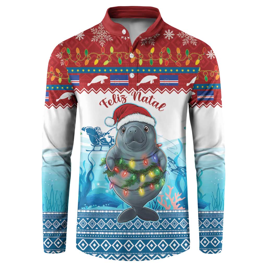 Men's red and blue button sweatshirt with festive seal and glowing lights graphic