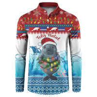 Men's red and blue button sweatshirt with festive seal and glowing lights graphic
