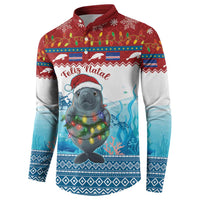 Men's red and blue button sweatshirt, seal cartoon with holiday lights and stripes