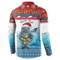 Men's red and blue button sweatshirt, back graphic with 'Your Text' and seal